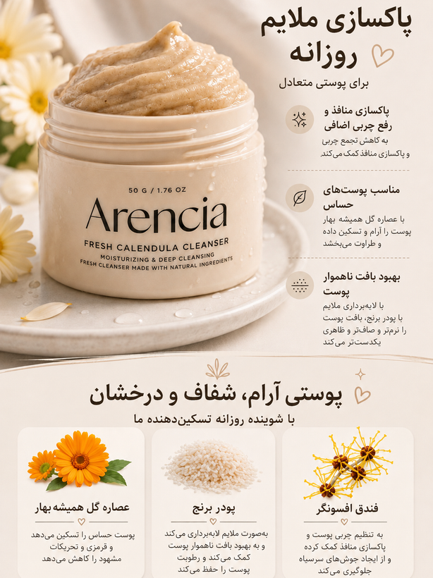 شوینده موچی برنج و کالاندولا آرنسیا – مخصوص پوست خشک و حساس / Arencia